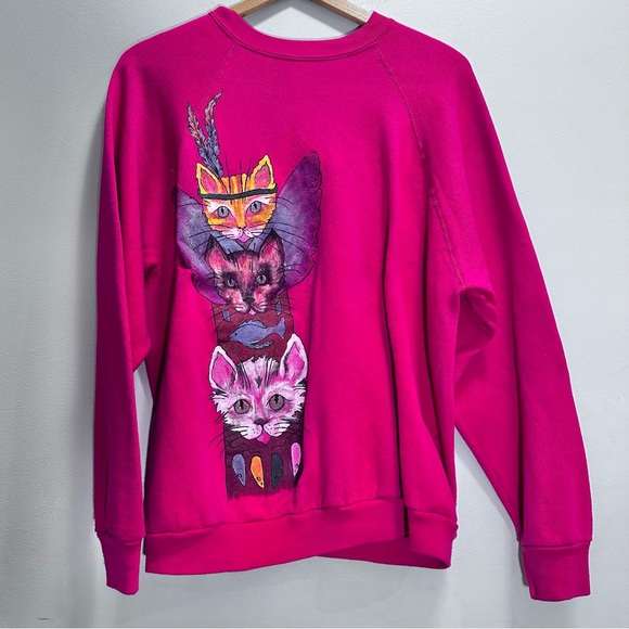 VIntage Tultex Hand Painted Cats Sweatsuit Sweatshirt Pants Pink Size XL - Picture 2 of 13